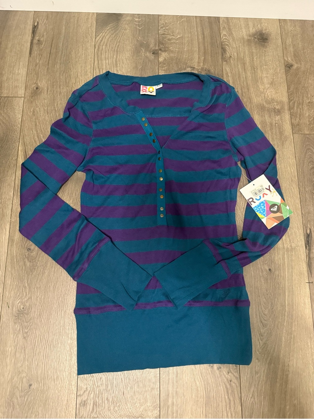 Roxy Teal and Purple Striped Long Sleeve Henley Top - Picture 5 of 12